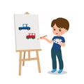 Talented little boy drawing cars on canvas using paint brush. Painting class activity. Cartoon character.