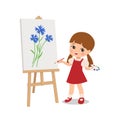 Talented little girl drawing flower on canvas with paint brush. Painting school activity clip art. Cartoon character.