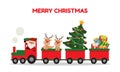 Cute santa and reindeer riding Christmas train. Winter holiday clip art. Train carrying presents and christmas tree. Royalty Free Stock Photo