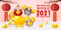 Happy Chinese new year 2021, little ox and lion dance holding chinese gold ingots, tyear of the ox zodiac,cute cow Cartoon Royalty Free Stock Photo