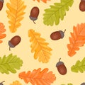 Acorns And Autumn Oak Leaves Seamless Pattern. Leaf Fall Background.