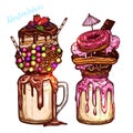 Color Monstershakes In Sketch Style. Freak And Crazy Milkshakes. Hand Drawn Creative Dessert