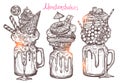 Monstershakes In Graphic Sketch Style. Freak And Crazy Milkshakes