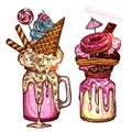 Monstershakes In Sketch Style. Freak And Crazy Milkshakes. Hand Drawn Creative Dessert