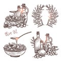 Olive Oil Sketch Set. Four Monochrome Olive Oil Concepts In Hand Drawn Style