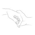 Linear sketch drawing. Hands holding together line art illustration. Royalty Free Stock Photo