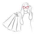 Linear sketch drawing. Woman in red sunglasses with shopping bags.