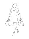 Linear sketch drawing. Woman with shopping bags. Line art illustration.