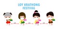 Loy Krathong Festival for new normal coronavirus or covid 19 with set of cute Thai children costume dress wear face mask