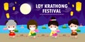 Loy Krathong Festival for new normal coronavirus or covid 19 with set of cute Thai children costume dress wear face mask