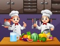 Happy two chef preparing healthy foods Royalty Free Stock Photo