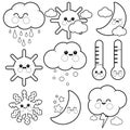 Cute weather icons. Sun, moon, clouds characters in seasons. Rain, snow and sunshine. Vector black and white coloring page Royalty Free Stock Photo