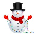 Snowman with a black top hat and Christmas lights. Royalty Free Stock Photo