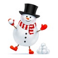 Snowman with a top hat playing a snowball game. Royalty Free Stock Photo