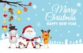 Merry Christmas and happy new year greeting card with cute Santa Claus holding hand with deer and snowman cartoon character Royalty Free Stock Photo