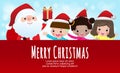 Merry Christmas and Happy new year poster, cheerful group of children wearing christmas hats and santa claus with big sign board Royalty Free Stock Photo