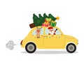 Cute clip art of Santa Claus and reindeer riding a retro car carrying Christmas tree and presents. Merry Christmas celebration. Royalty Free Stock Photo