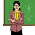 A teacher holding chalk with a blackboard at the back. Royalty Free Stock Photo
