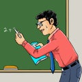 Teacher with left handed writing on the blackboard