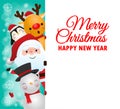Merry Christmas and happy new year greeting card with cute Santa Claus with reindeer and snowman and penguin with big sign board Royalty Free Stock Photo