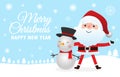 Merry Christmas and happy new year greeting card with cute Santa Claus and snowman cartoon character in Christmas snow scene Royalty Free Stock Photo