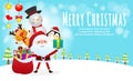 Merry Christmas and happy new year greeting card with cute Santa Claus with reindeer and snowman and penguin cartoon character Royalty Free Stock Photo