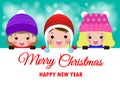 Merry Christmas and Happy new year poster, cheerful Group of happy kids wearing christmas hats santa claus with big sign board