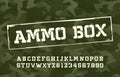 Ammo Box alphabet font. Damaged type letters and numbers on camo background.