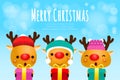 Merry Christmas and Happy new year poster, Group of happy reindeer wearing christmas hats santa claus with Christmas gifts in snow Royalty Free Stock Photo