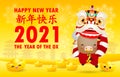 Happy Chinese new year 2021 the ox zodiac poster design with cute little cow firecracker and lion, dance the year of the ox Royalty Free Stock Photo