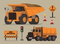 Vector illustration of construction trucks and related traffic signs