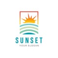 Sunset Beach Logo Landscape Design Illustration. Summer Wave Sun Logo Sign Design Icon. Tropical And Sea Sun Logo Element Sunrise