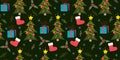 Christmas seamless pattern with gift boxes, Christmas trees, Santa`s socks and snow flakes. Royalty Free Stock Photo