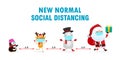 Merry Christmas for new normal lifestyle concept and social distancing, Christmas cartoon character. Santa Claus, snowman, penguin