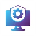 Computer illustration. computer with shield and setting gear symbol. Concept of safe computing. gradient style Vector illustration Royalty Free Stock Photo