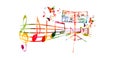 Creative music style template vector illustration, colorful music stand with music staff and notes, choir singing background. Desi