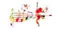 Creative music style template vector illustration, colorful music staff and notes with woman silhouette dancing, dancer performanc Royalty Free Stock Photo
