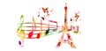 Creative music style travel template vector illustration, colorful Eiffel Tower with music staff and notes, musical Paris backgrou Royalty Free Stock Photo