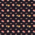 Sushi rolls watercolor seamless pattern. Japanese food handdrawn background.