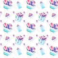 Elegant flowers and tea watercolor pattern. Colorful floral pink and blue background. Decoration wallpaper. Royalty Free Stock Photo