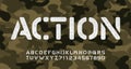 Action alphabet font. Stencil type letters and numbers on textile camo background. Royalty Free Stock Photo