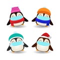 Merry Christmas for new normal lifestyle concept and social distancing, Group of happy penguin wearing christmas hats santa claus