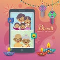 Cartoon Indian people video chat with family via smartphone to celebrate festival.