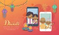 Cartoon Indian people video chat with family to celebrate Deepavali