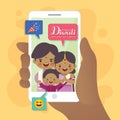 Cartoon Indian family video calling via smartphone