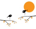 Birds couple silhouette on branch on sunset, vector. Birds in love, cartoon illustration. Wall decals, art decoration Royalty Free Stock Photo