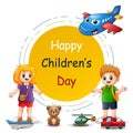 Happy Children`s Day with boy and girl with toys