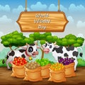 Happy World Vegan Day sign background with cow and vegetables in sack