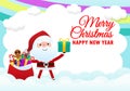 Merry Christmas and happy new year greeting card with cute Santa Claus with gift, cartoon character in Christmas snow scene winter Royalty Free Stock Photo
