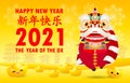 Happy Chinese new year 2021 the ox zodiac poster design with cute little cow firecracker and lion, dance the year of the ox Royalty Free Stock Photo